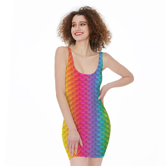 Rainbow Mermaid Scale Pattern Print Sleeveless Bodycon Dress