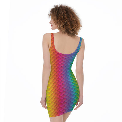 Rainbow Mermaid Scale Pattern Print Sleeveless Bodycon Dress