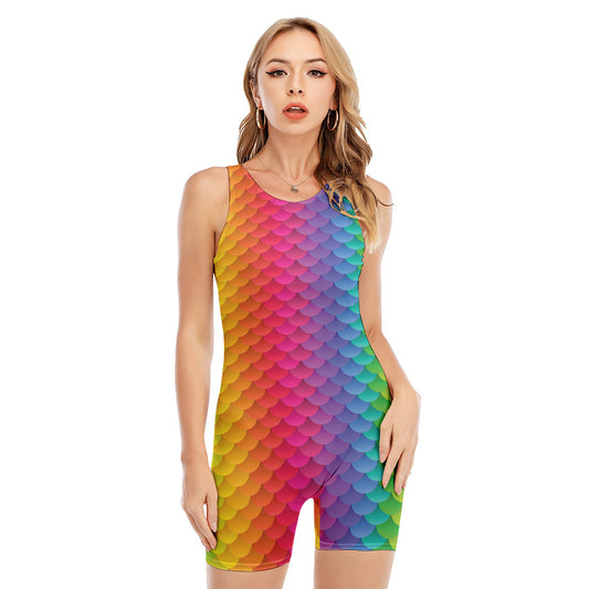 Rainbow Mermaid Scale Pattern Print Sleeveless One Piece Swimsuit