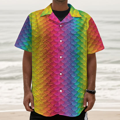 Rainbow Mermaid Scale Pattern Print Textured Short Sleeve Shirt