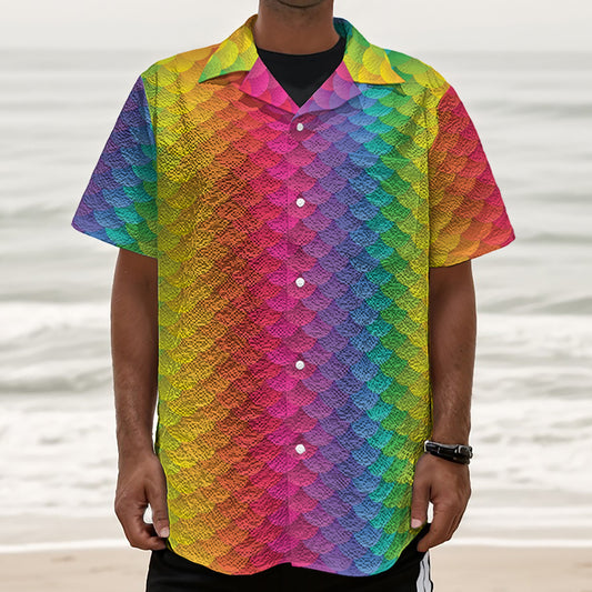 Rainbow Mermaid Scale Pattern Print Textured Short Sleeve Shirt