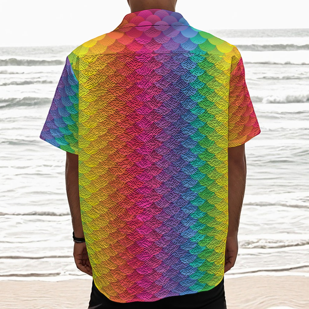 Rainbow Mermaid Scale Pattern Print Textured Short Sleeve Shirt