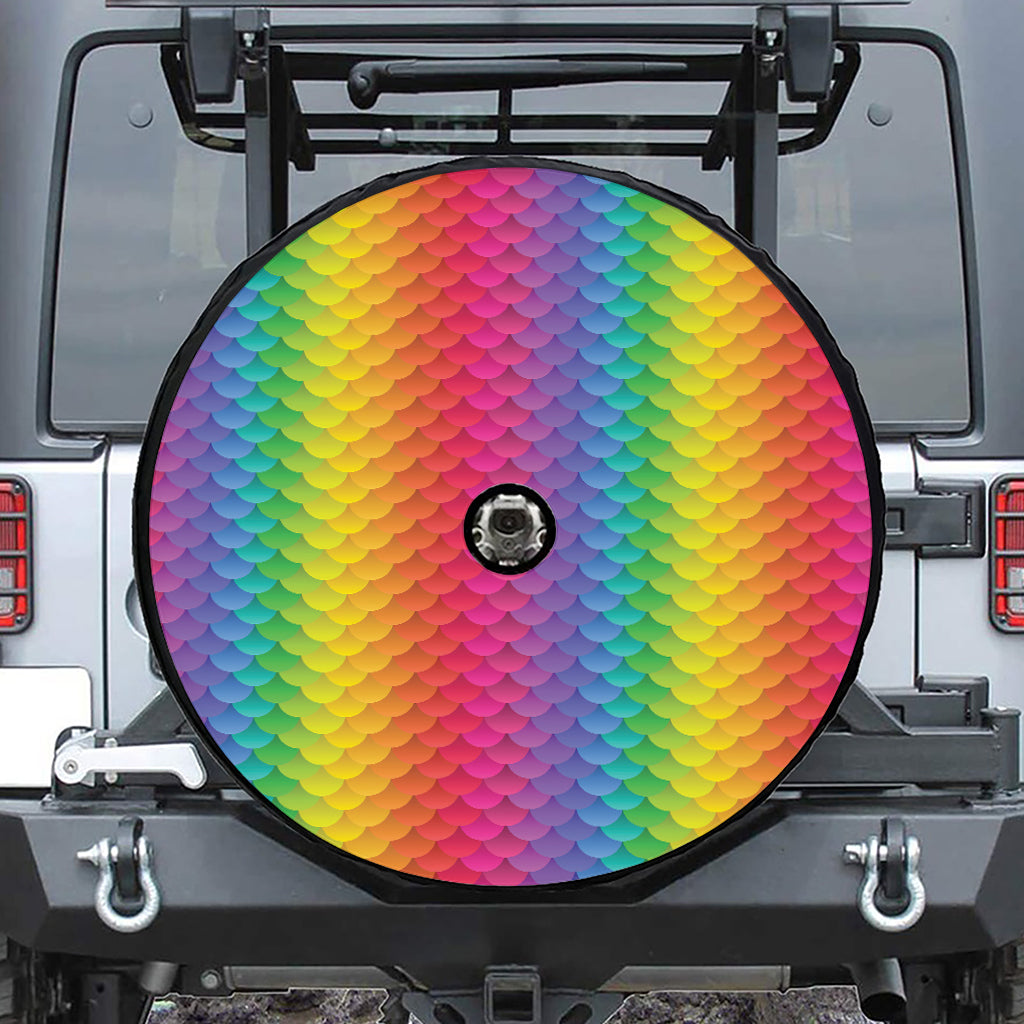 Rainbow Mermaid Scale Pattern Print Tire Cover With Camera Hole