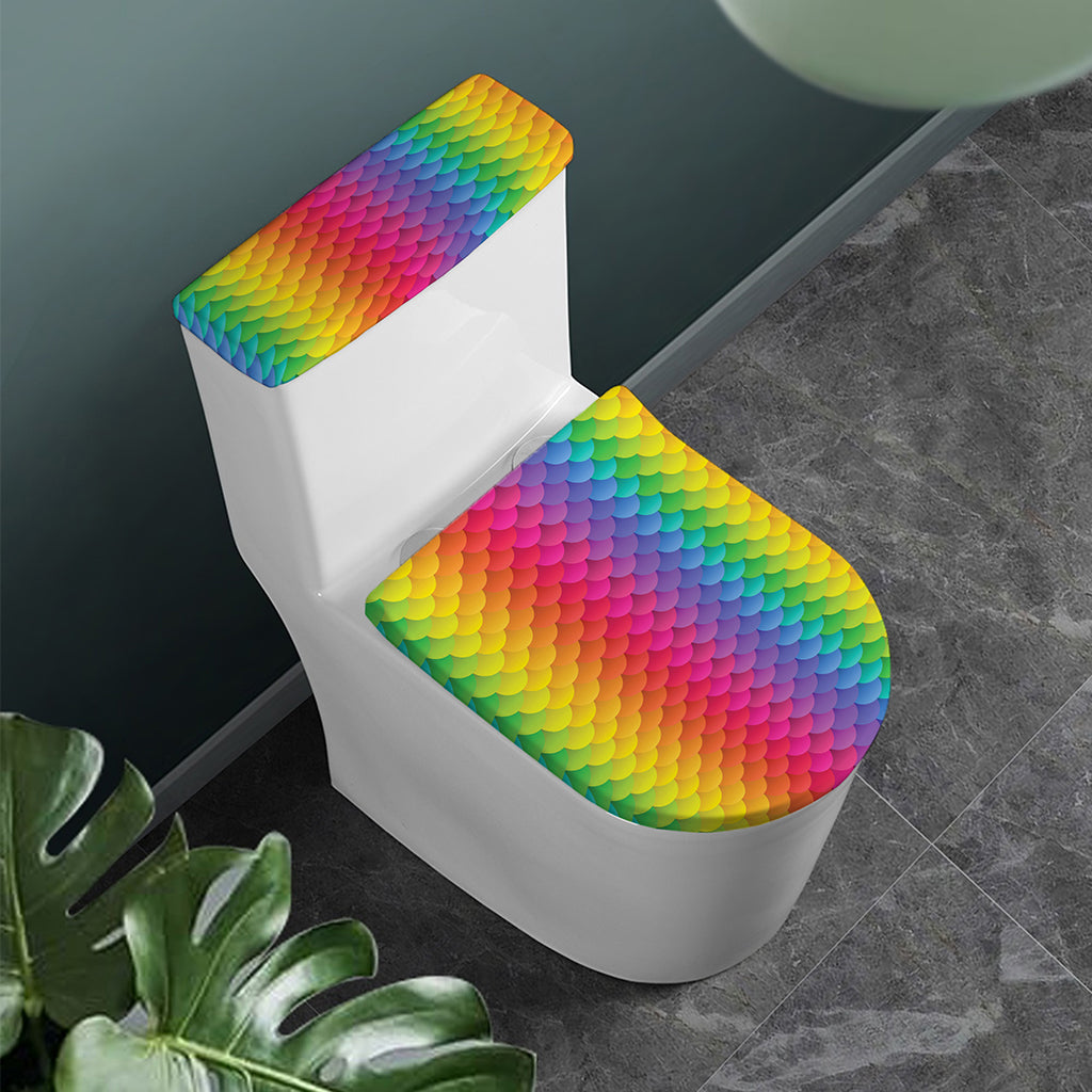 Rainbow Mermaid Scale Pattern Print Toilet Lid And Tank Cover Set