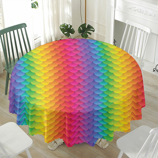 Rainbow Mermaid Scale Pattern Print Waterproof Round Tablecloth