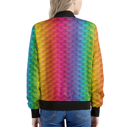 Rainbow Mermaid Scale Pattern Print Women's Bomber Jacket