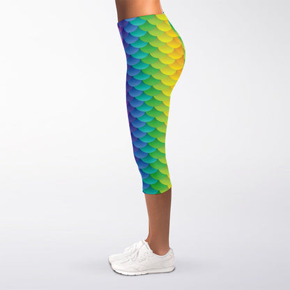 Rainbow Mermaid Scale Pattern Print Women's Capri Leggings