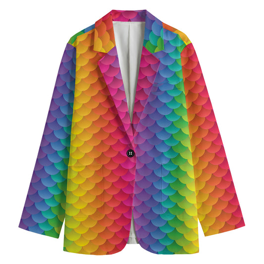 Rainbow Mermaid Scale Pattern Print Women's Cotton Blazer