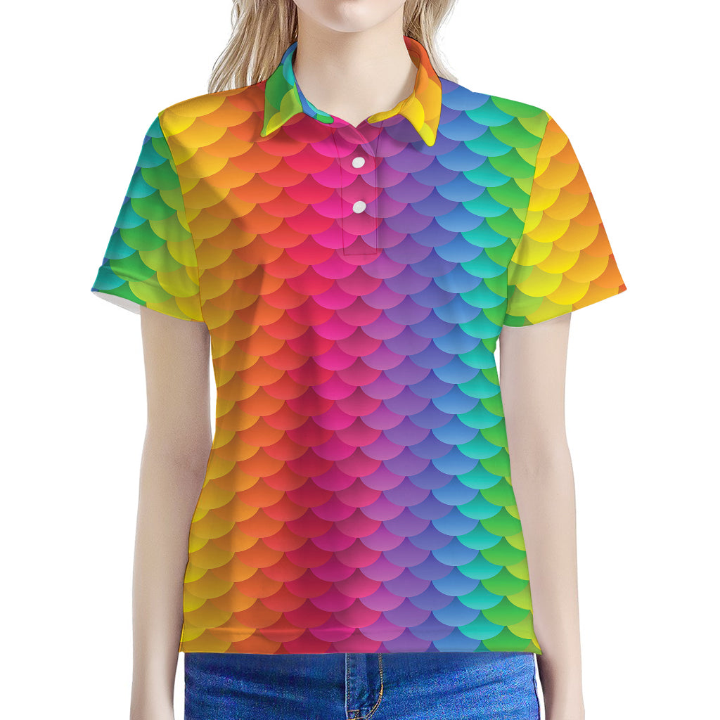 Rainbow Mermaid Scale Pattern Print Women's Polo Shirt