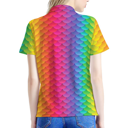 Rainbow Mermaid Scale Pattern Print Women's Polo Shirt