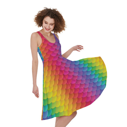 Rainbow Mermaid Scale Pattern Print Women's Sleeveless Dress