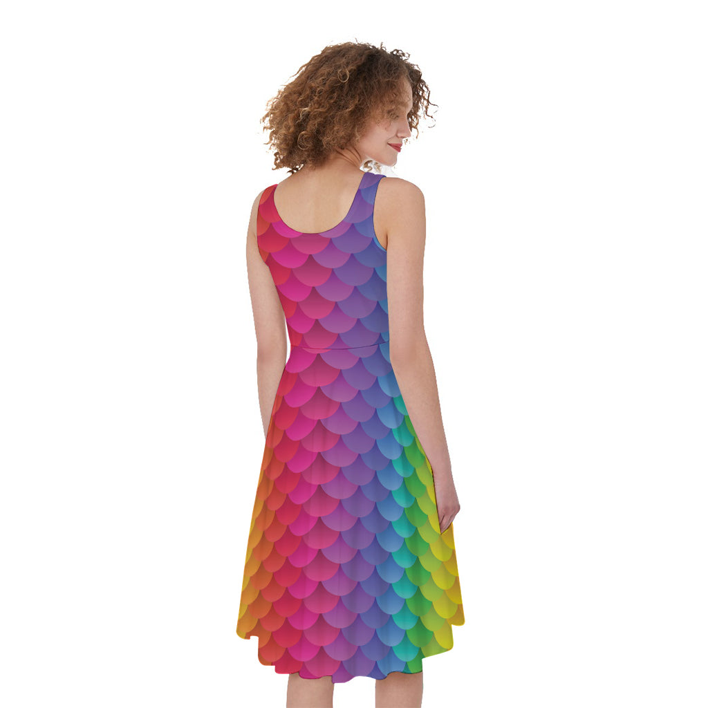 Rainbow Mermaid Scale Pattern Print Women's Sleeveless Dress
