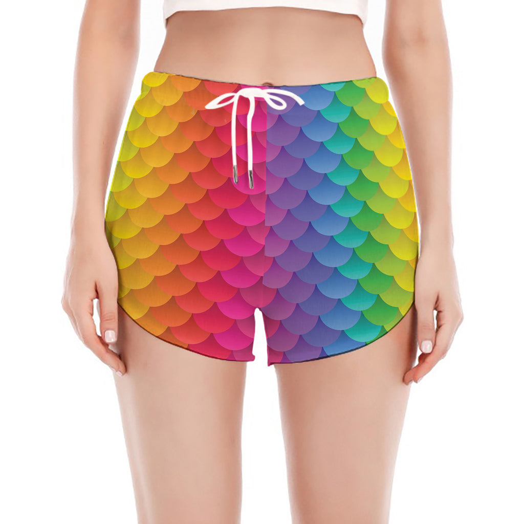 Rainbow Mermaid Scale Pattern Print Women's Split Running Shorts