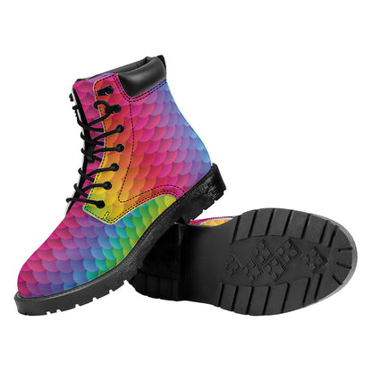 Rainbow Mermaid Scale Pattern Print Work Boots