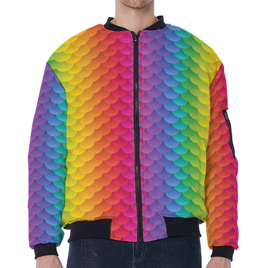 Rainbow Mermaid Scale Pattern Print Zip Sleeve Bomber Jacket
