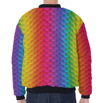 Rainbow Mermaid Scale Pattern Print Zip Sleeve Bomber Jacket