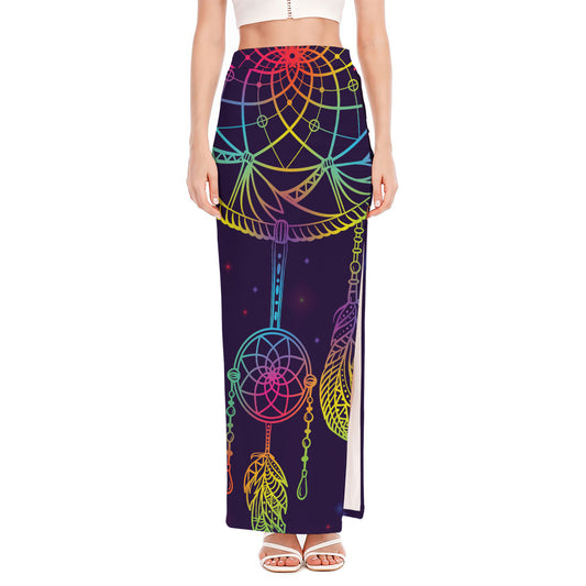Rainbow Native Dream Catcher Print High Slit Maxi Skirt