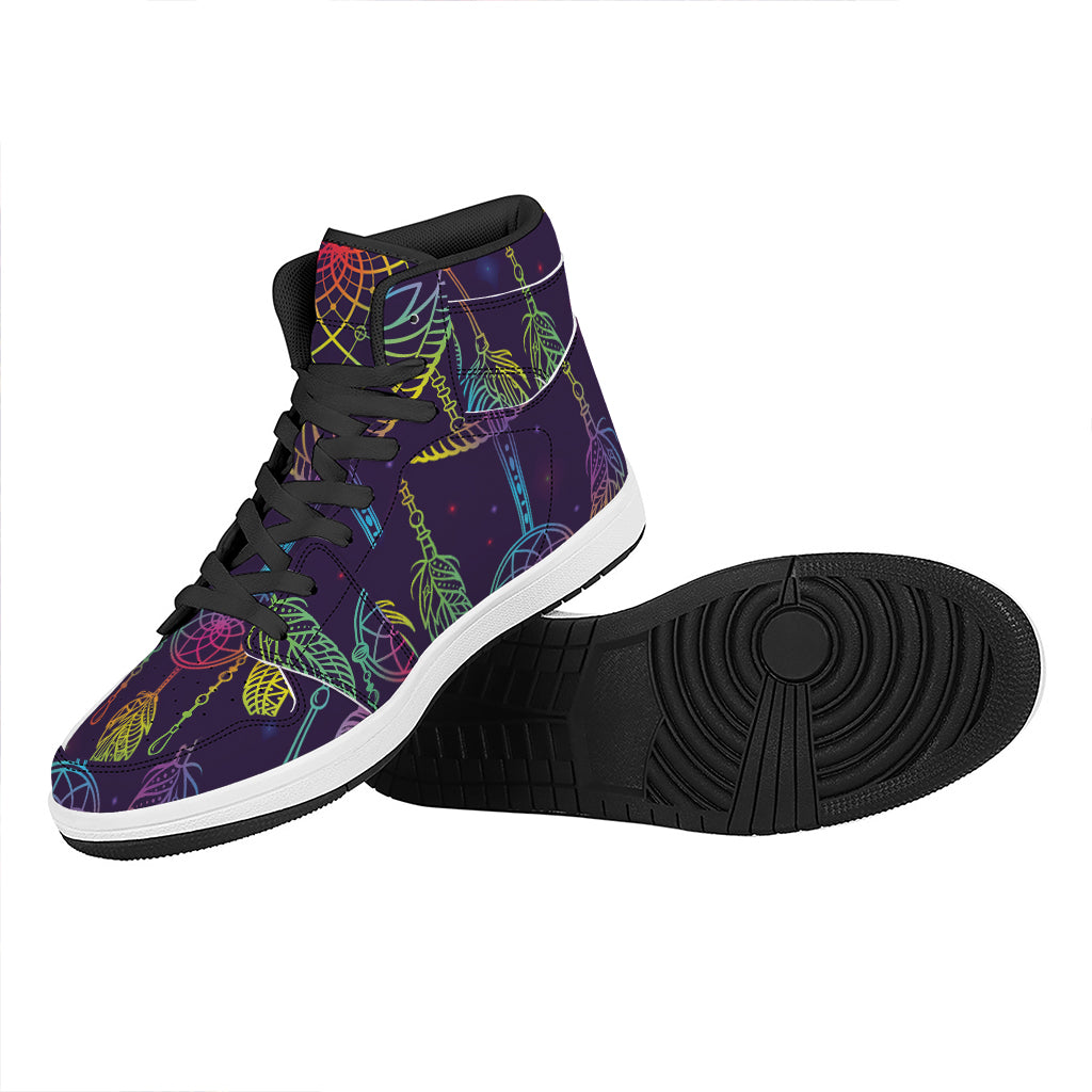 Rainbow Native Dream Catcher Print High Top Leather Sneakers