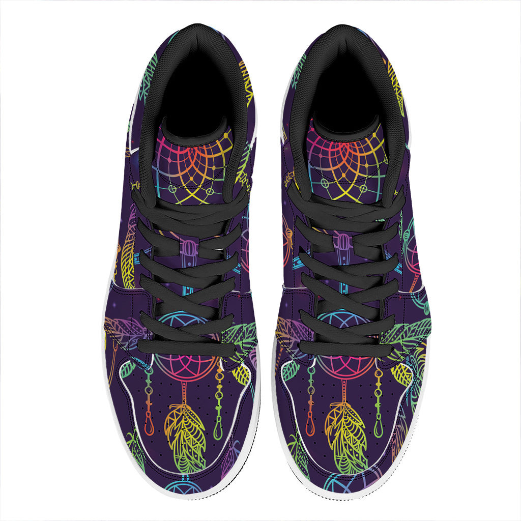Rainbow Native Dream Catcher Print High Top Leather Sneakers