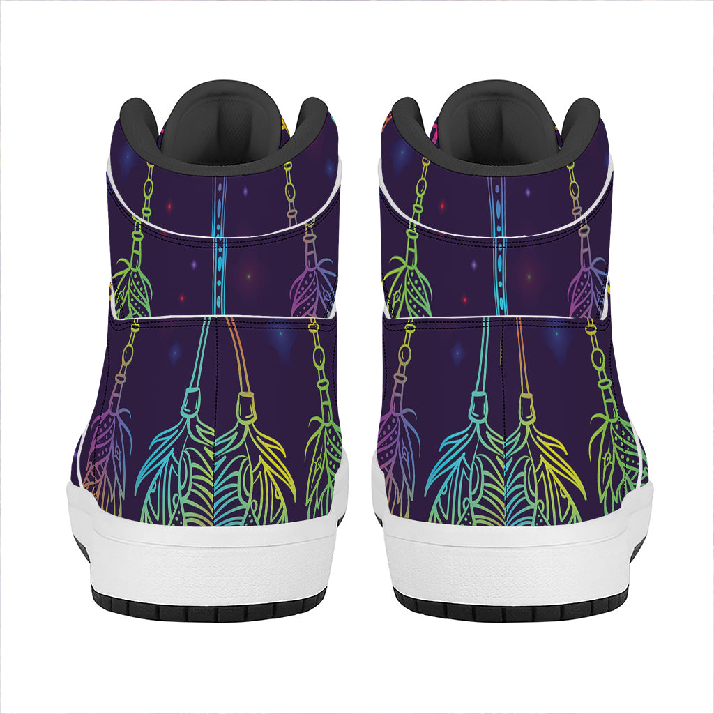 Rainbow Native Dream Catcher Print High Top Leather Sneakers