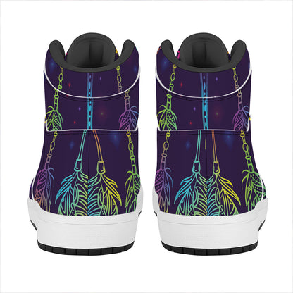 Rainbow Native Dream Catcher Print High Top Leather Sneakers