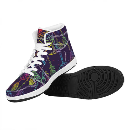 Rainbow Native Dream Catcher Print High Top Leather Sneakers