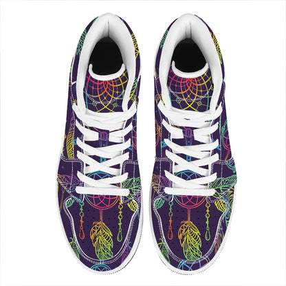 Rainbow Native Dream Catcher Print High Top Leather Sneakers