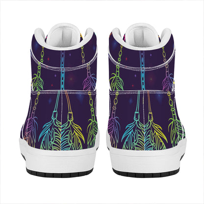 Rainbow Native Dream Catcher Print High Top Leather Sneakers