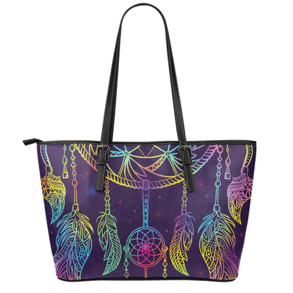 Rainbow Native Dream Catcher Print Leather Tote Bag