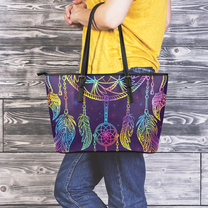Rainbow Native Dream Catcher Print Leather Tote Bag