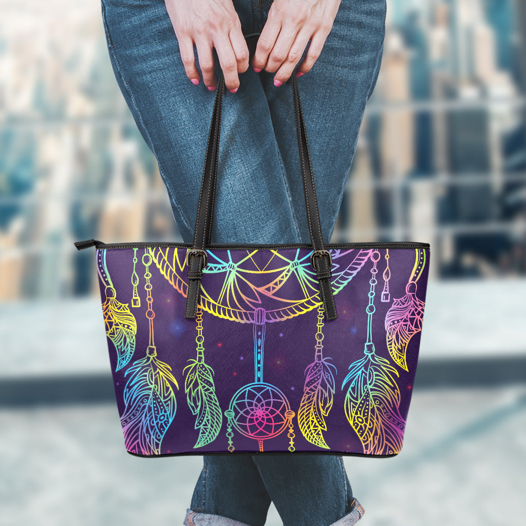 Rainbow Native Dream Catcher Print Leather Tote Bag