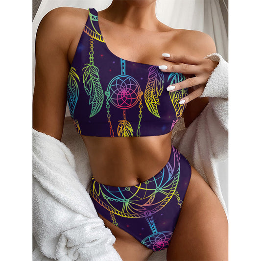 Rainbow Native Dream Catcher Print One Shoulder Bikini Top