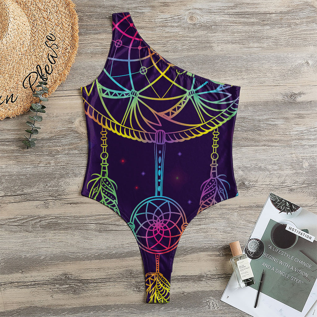 Rainbow Native Dream Catcher Print One Shoulder Bodysuit