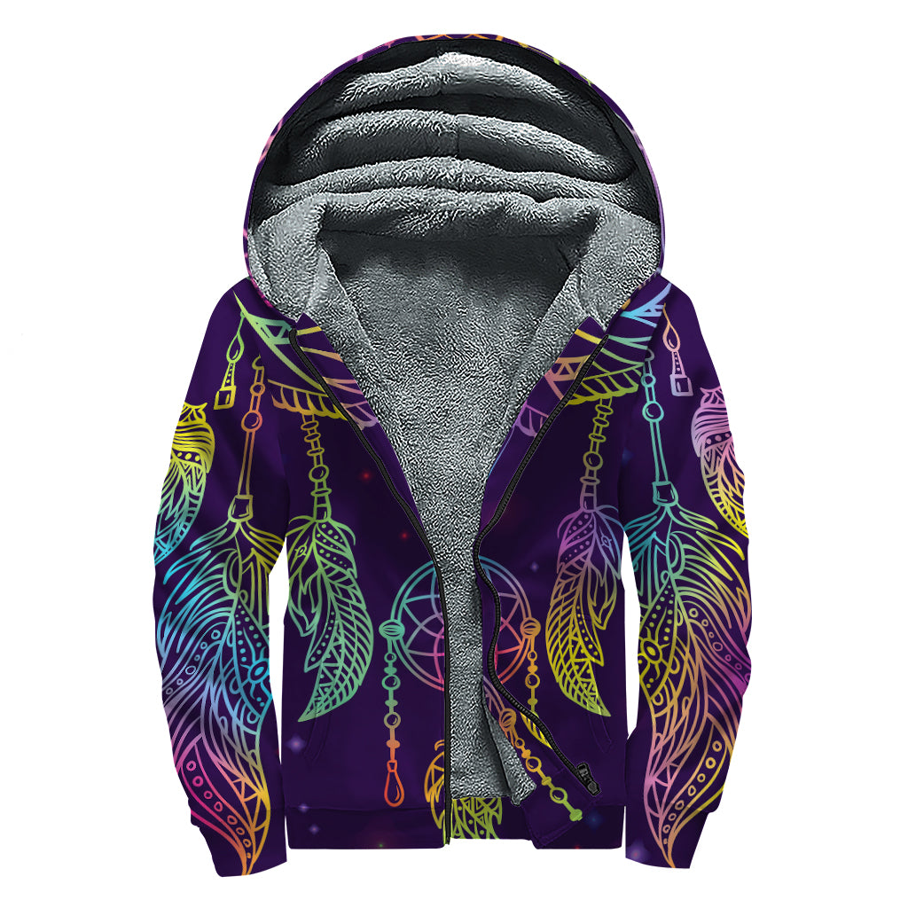 Rainbow Native Dream Catcher Print Sherpa Lined Zip Up Hoodie