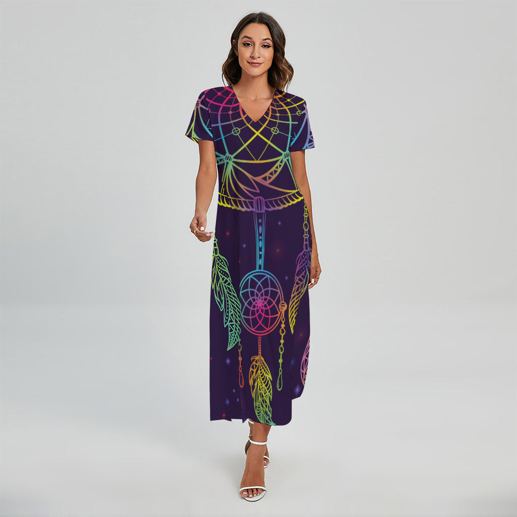 Rainbow Native Dream Catcher Print Short Sleeve Maxi Dress