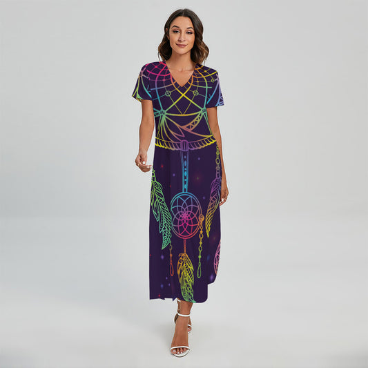 Rainbow Native Dream Catcher Print Short Sleeve Maxi Dress