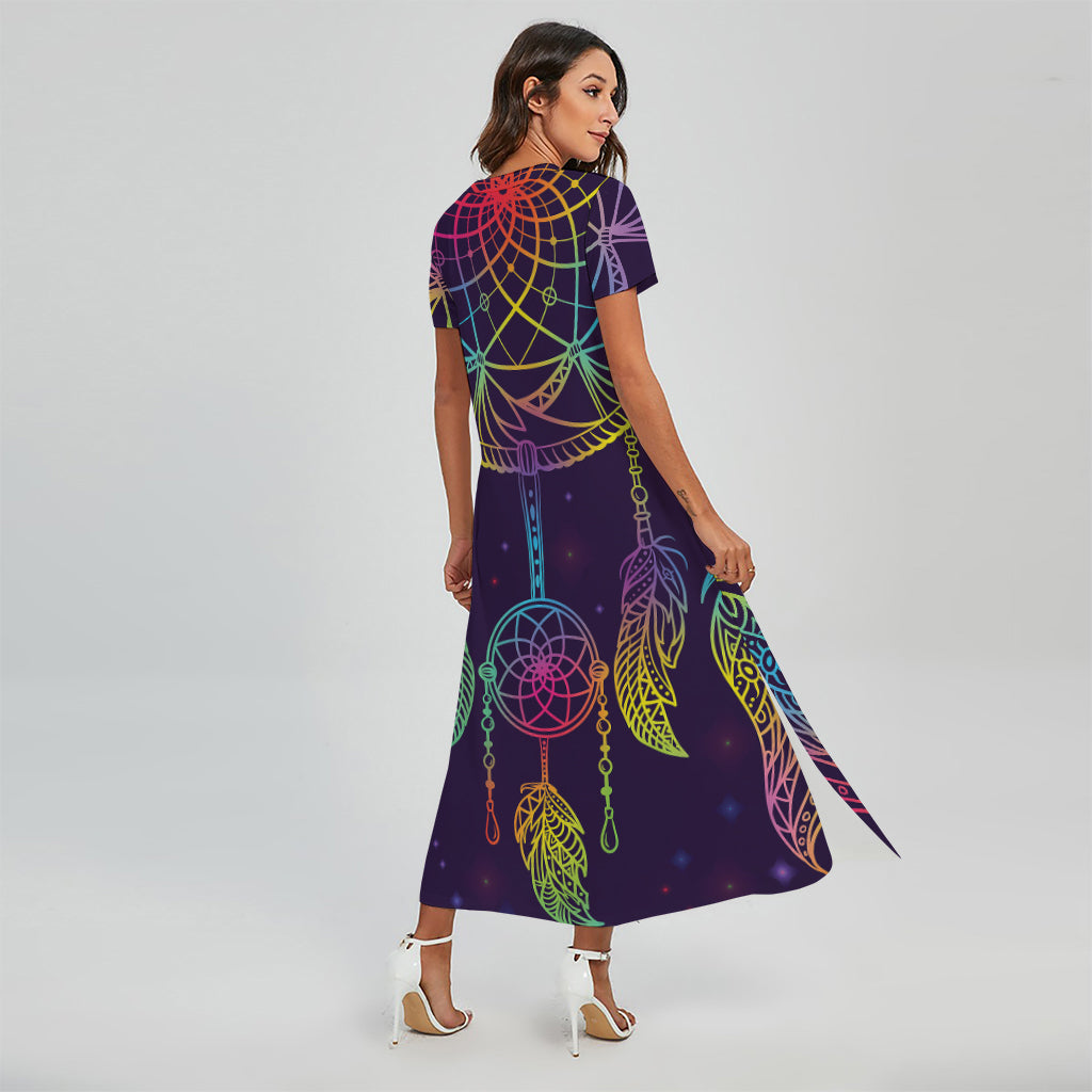 Rainbow Native Dream Catcher Print Short Sleeve Maxi Dress