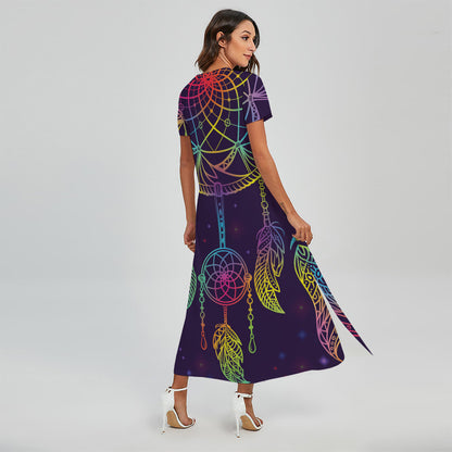 Rainbow Native Dream Catcher Print Short Sleeve Maxi Dress