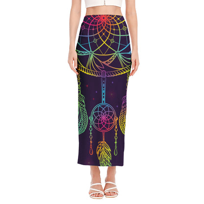 Rainbow Native Dream Catcher Print Side Slit Maxi Skirt