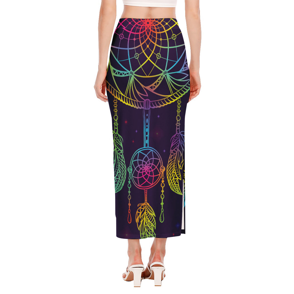 Rainbow Native Dream Catcher Print Side Slit Maxi Skirt