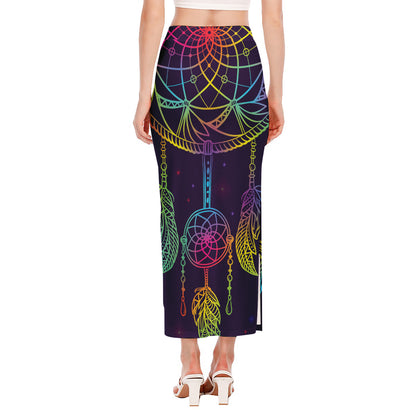 Rainbow Native Dream Catcher Print Side Slit Maxi Skirt