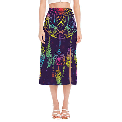 Rainbow Native Dream Catcher Print Side Slit Midi Skirt