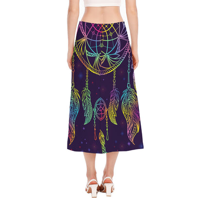 Rainbow Native Dream Catcher Print Side Slit Midi Skirt