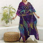 Rainbow Native Dream Catcher Print Silk V-Neck Kaftan Dress