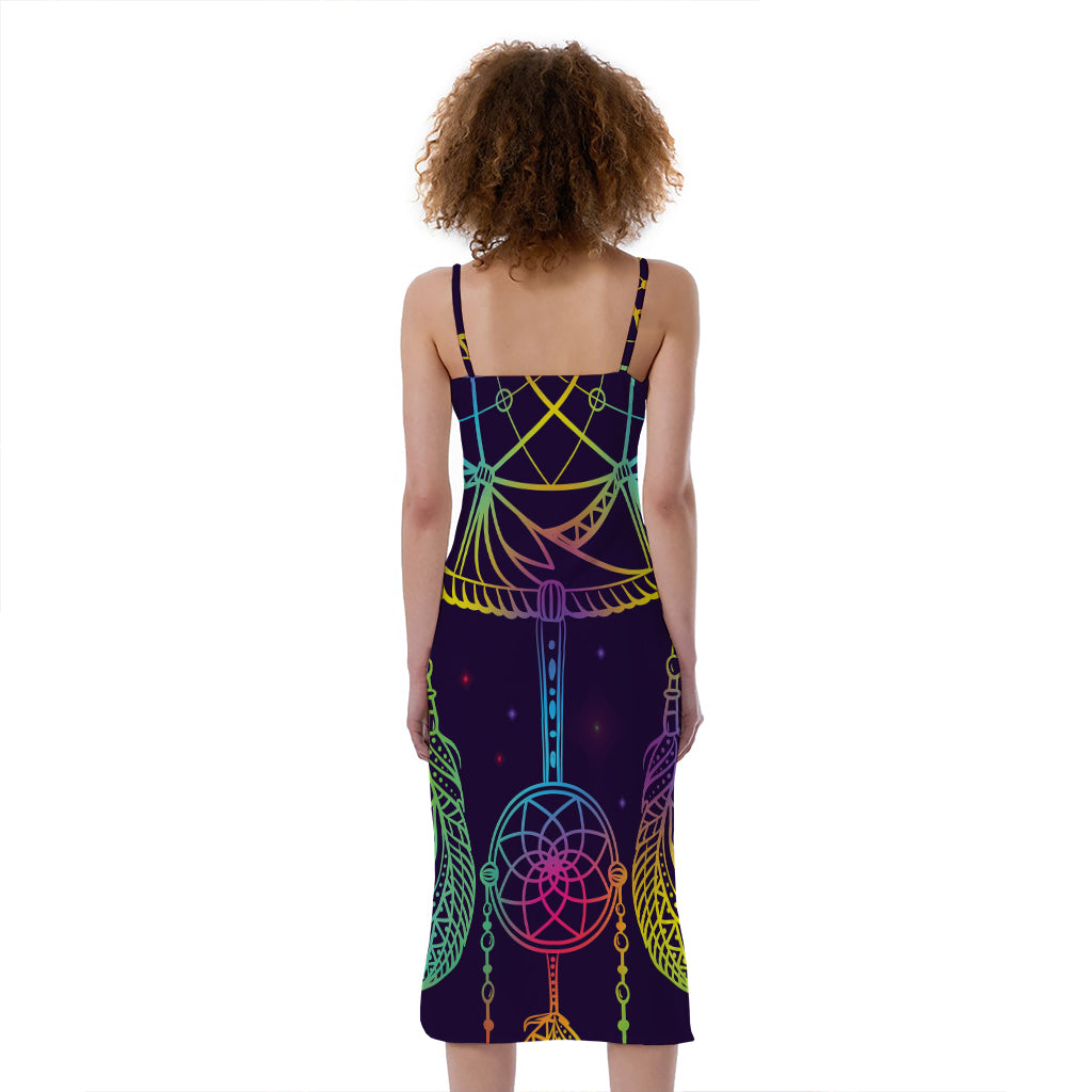 Rainbow Native Dream Catcher Print Slim Fit Midi Cami Dress