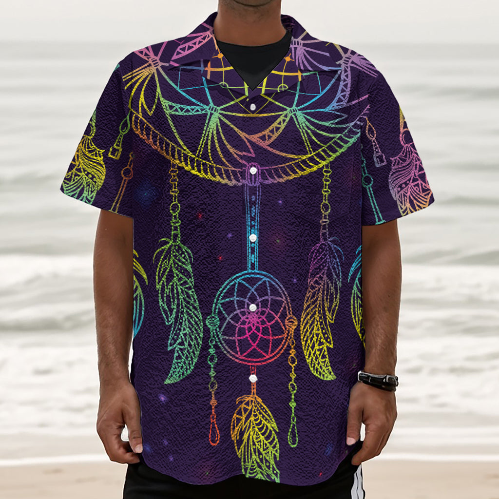 Rainbow Native Dream Catcher Print Textured Short Sleeve Shirt