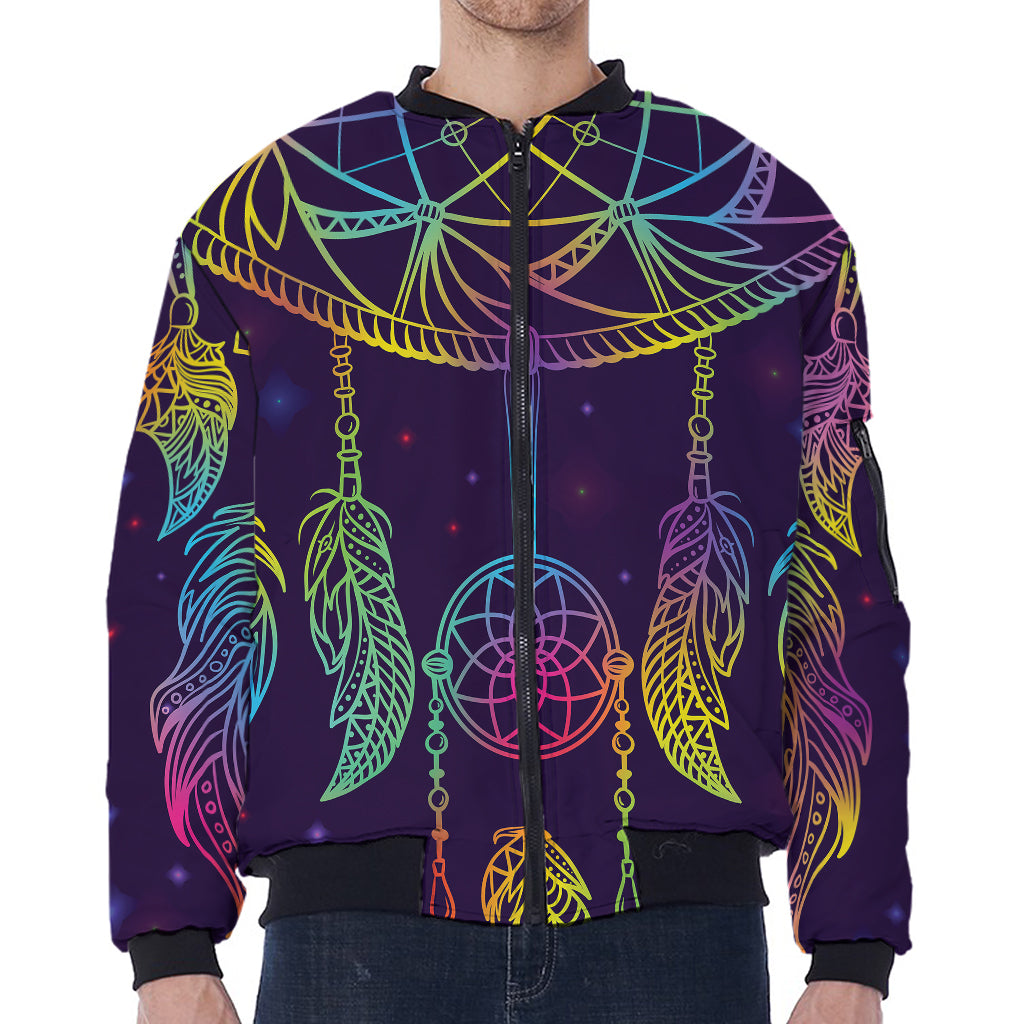 Rainbow Native Dream Catcher Print Zip Sleeve Bomber Jacket