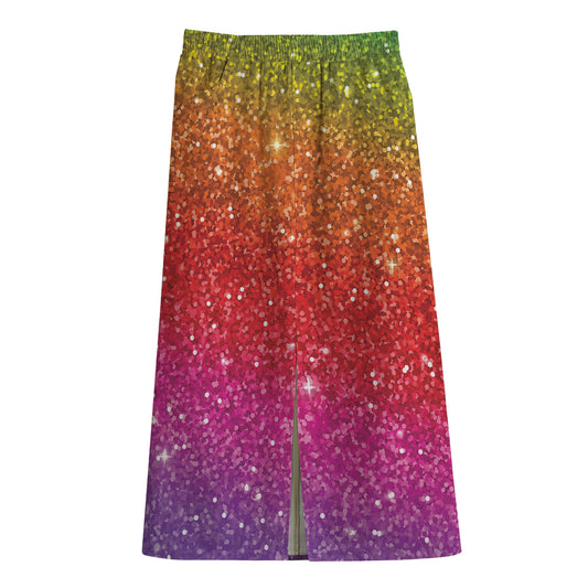 Rainbow (NOT Real) Glitter Artwork Print Cotton Front Slit Maxi Skirt