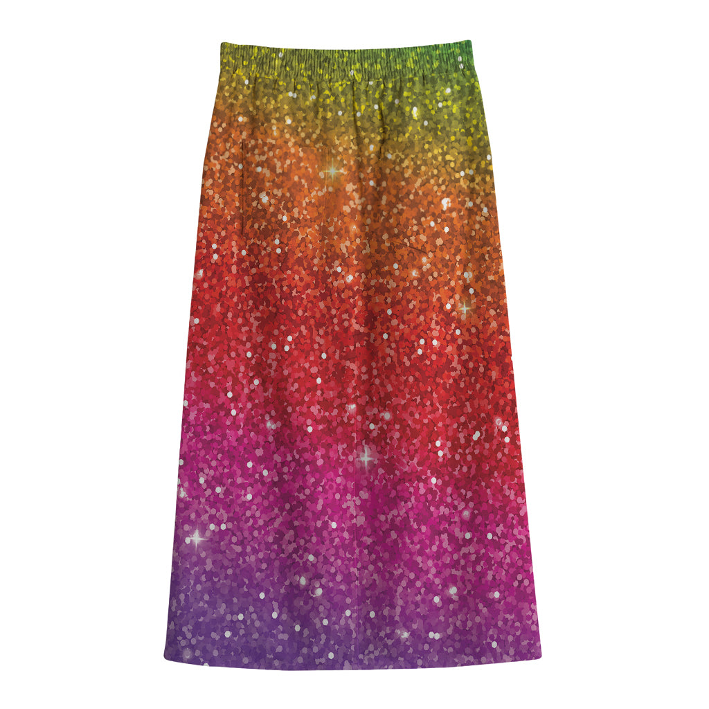 Rainbow (NOT Real) Glitter Artwork Print Cotton Front Slit Maxi Skirt