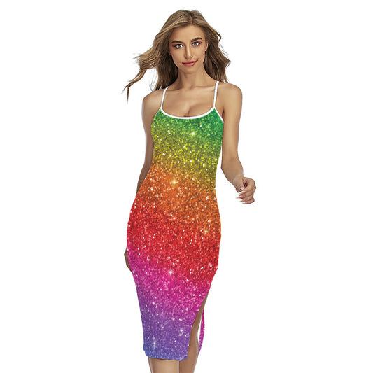 Rainbow (NOT Real) Glitter Artwork Print Cross Back Cami Dress